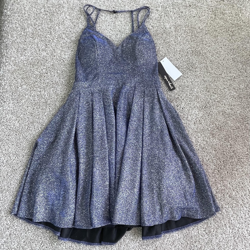 Sequin Hearts Dress Juniors 9 Blue Glitter V Neck Strappy Fit & Flare Party